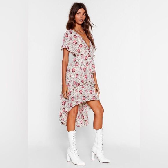 NWT Nasty Gal‎ Floral V Neck Playing for Flower hi Low Midi Dress Size 2 - Picture 2 of 15